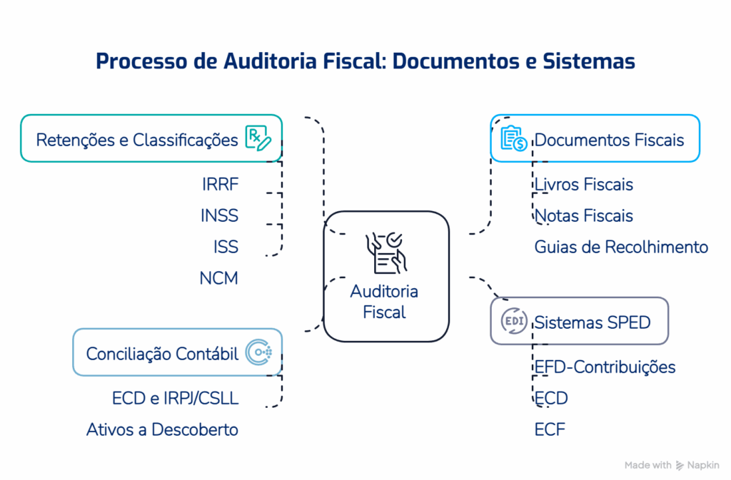 Mapa visual dos documentos e sistemas examinados em auditoria fiscal