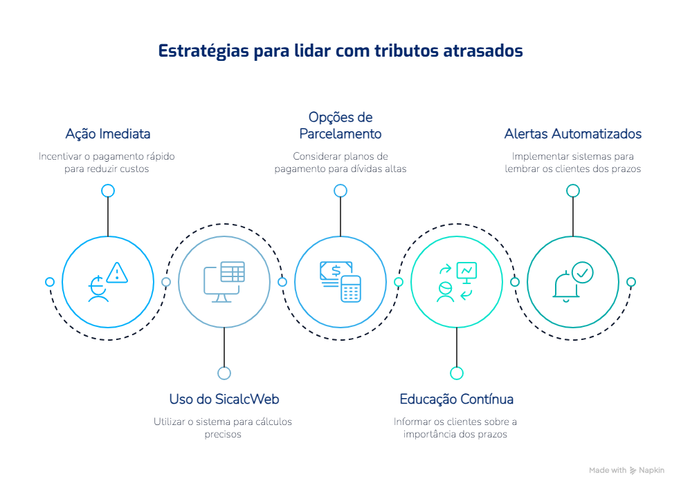 Infográfico com estratégias para lidar com tributos atrasados, destacando ação imediata, uso do SicalcWeb, opções de parcelamento, educação contínua e alertas a