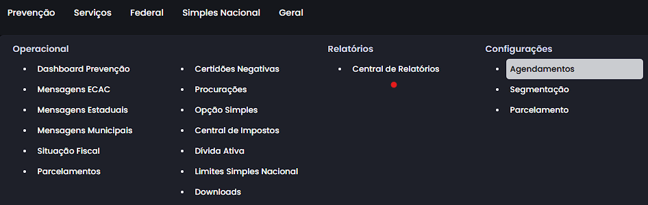 Menu do sistema Jettax em tema escuro, com categorias como Operacional, Relatórios e Configurações; a opção “Agendamentos” aparece destacada na seção de configu