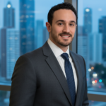 Retrato profissional de homem de terno em fundo corporativo