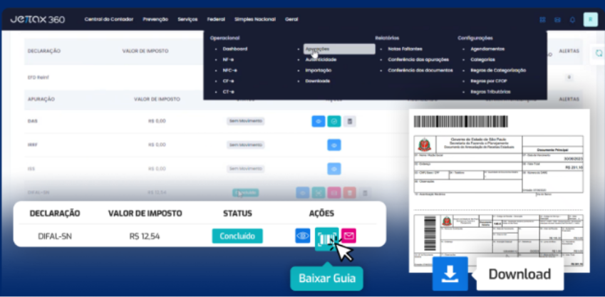 Tela de sistema fiscal com opções de download e consulta