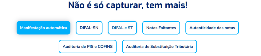 Infográfico com sete opções de módulos: Manifestação automática, DIFAL-SN, DIFAL e ST, Notas Faltantes, Autenticidade das not