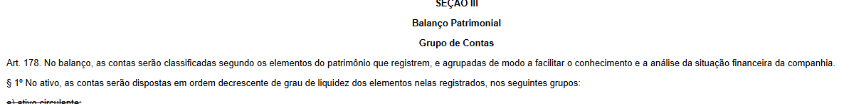 Trecho do artigo 178 e §1º mostrando parte de um balanço patrimonial com grupos de contas e classificação de contas segundo e