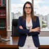 Mulher de braços cruzados em escritório corporativo com estante de livros ao fundo