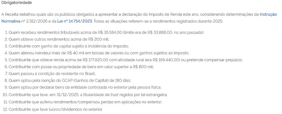 Obrigatoriedade de declaração do Imposto de Renda 2026: quem deve declarar e como evitar a malha fina. Confira os critérios e dicas.