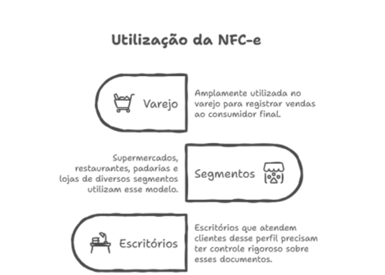 "Infográfico sobre utilização da NFC-e em segmentos como varejo, escritórios e outros setores."