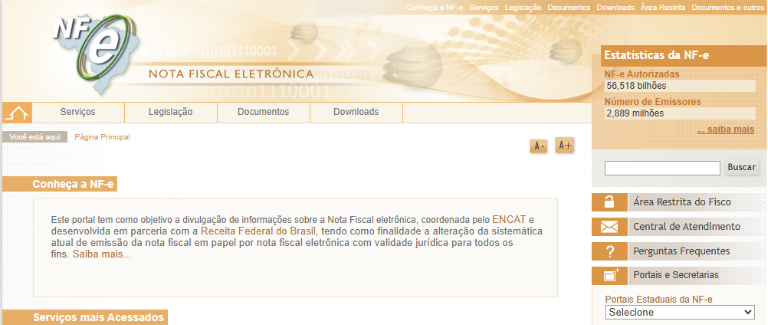 Captura de tela do portal da Nota Fiscal Eletrônica com menu de serviços e informações institucionais