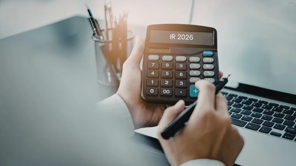 Pessoa utilizando calculadora para organizar informações do Imposto de Renda 2026.