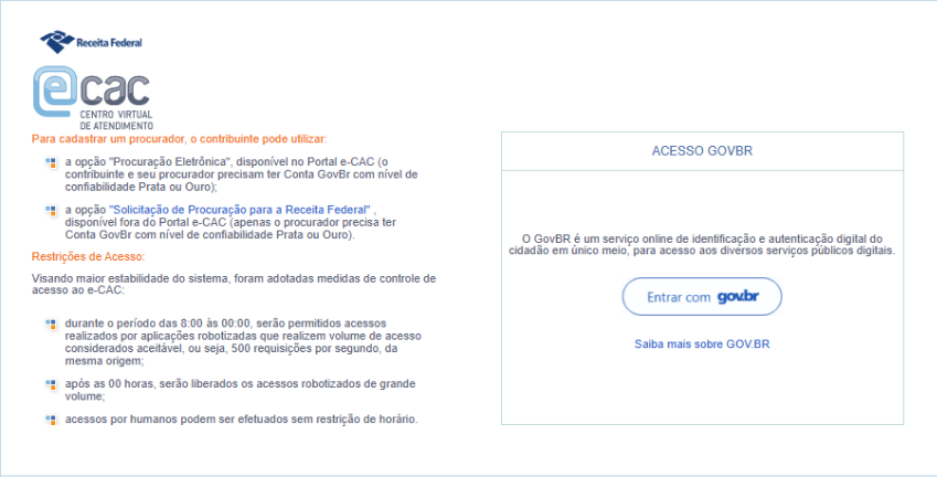 Imagem de página oficial da Receita Federal do Brasil com informações sobre o Centro Virtual de Atendimento e-CAC.
