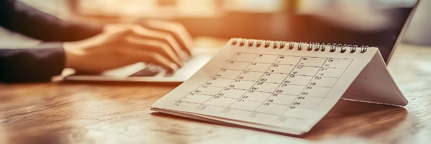"Calendário e mãos em teclado, representando organização e prazos para declaração de distribuição de lucros na EFD-Reinf."
