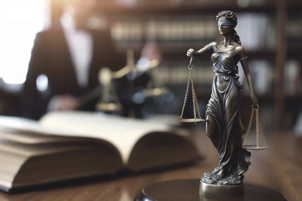 Estátua da deusa da Justiça com balança em escritório jurídico, representando conformidade legal, governança corporativa e segurança tributária para empresas.