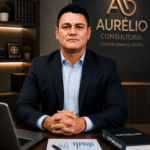 Homem de terno sentado em escritório de consultoria contábil, com notebook, calculadora, livro de contabilidade e relatório financeiro sobre a mesa, representando gestão contábil, planejamento financeiro e consultoria empresarial.