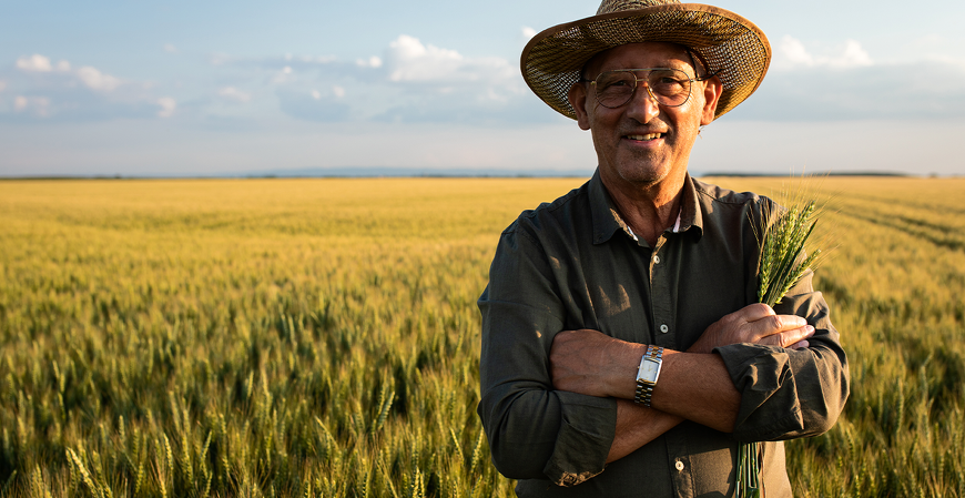 Produtor rural sorrindo em uma plantação de trigo, segurando espigas nas mãos durante o pôr do sol.