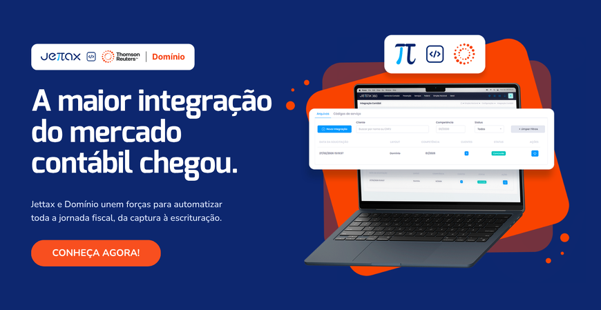 Banner promocional da integração entre Jettax e Domínio (Thomson Reuters). À esquerda, o texto "A maior integração do mercado contábil chegou" destaca a parceria para automatizar toda a jornada fiscal, da captura à escrituração, com botão "Conheça agora!". À direita, um notebook exibe a interface da plataforma Jettax com telas do sistema integradas, reforçando a automação de documentos fiscais.
