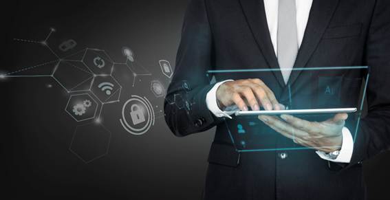 Profissional de negócios usando tablet com elementos digitais que representam tecnologia, segurança e automação de processos.